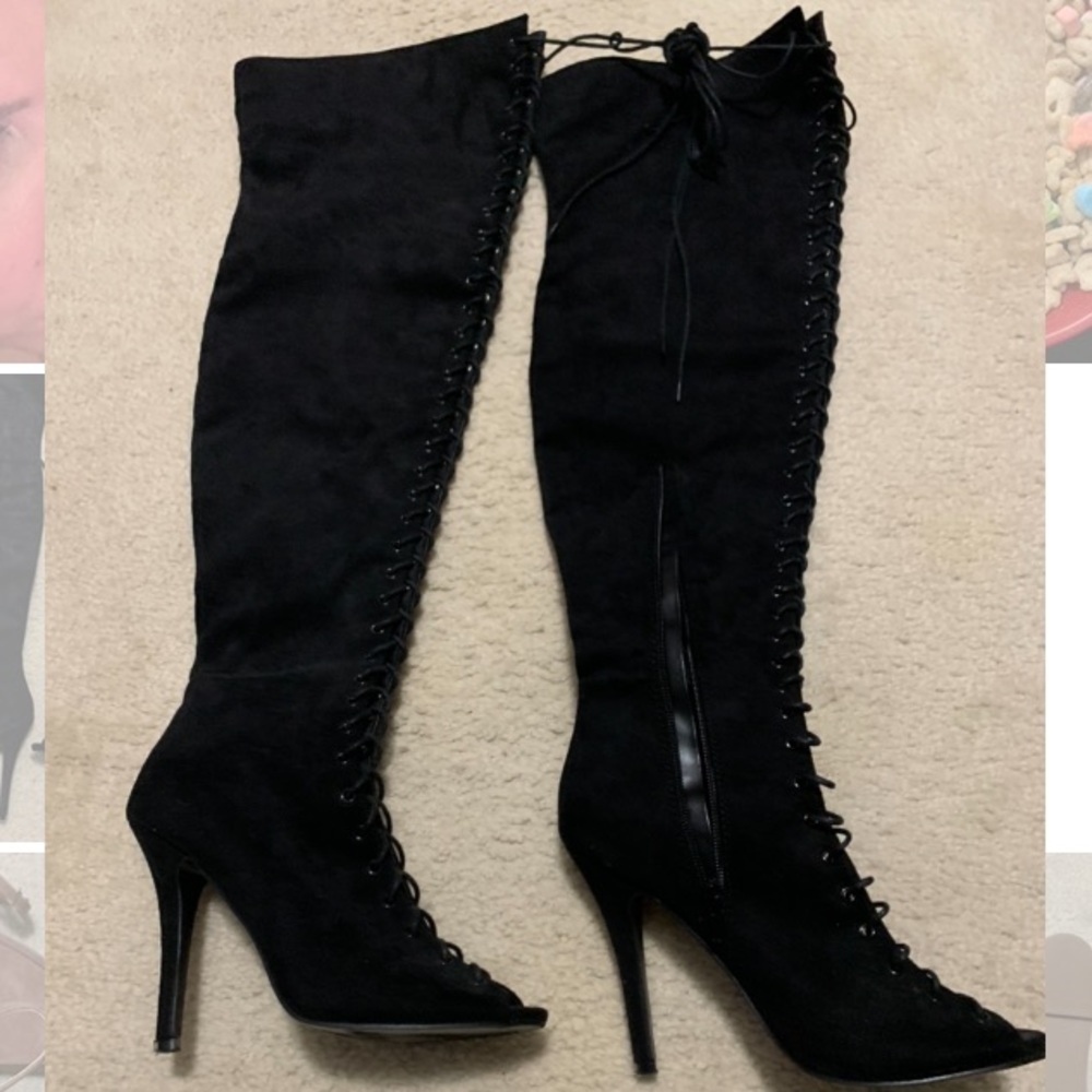 Thigh high suede laced boots